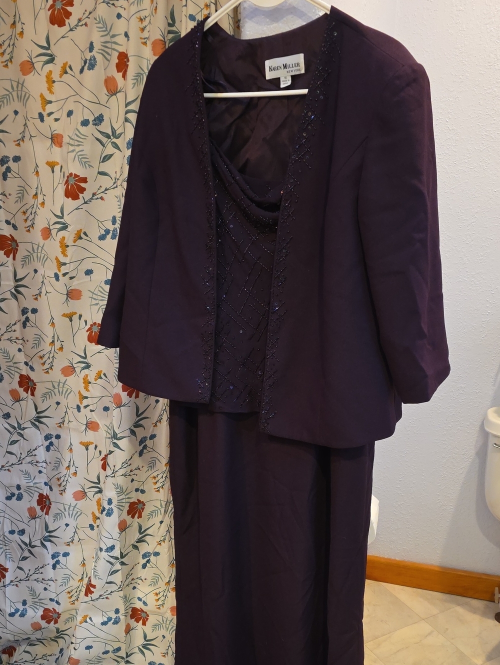 Karen Miller Purple Beaded Formal Dress and Jacket Set